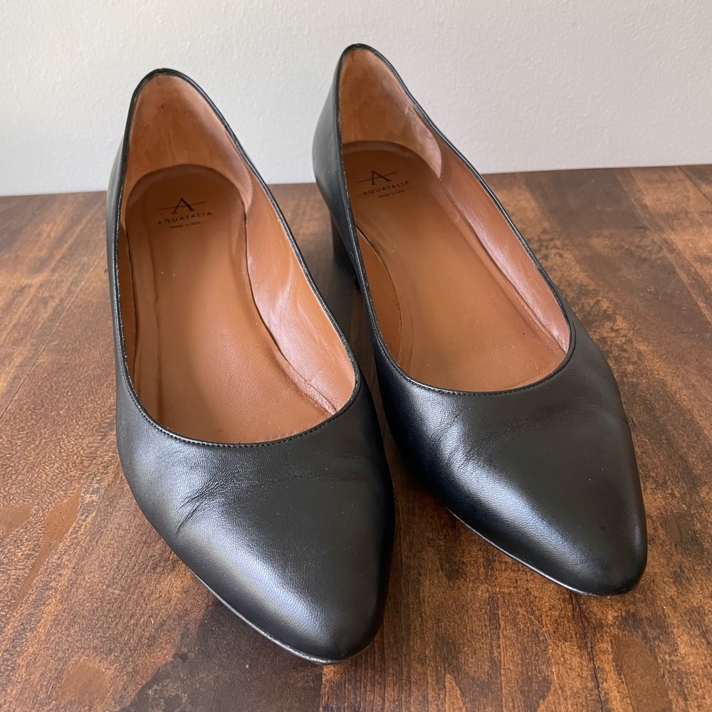 Aquatalia Pasha Phoebe Nappa Black Leather Point Toe Block Heels Size 9